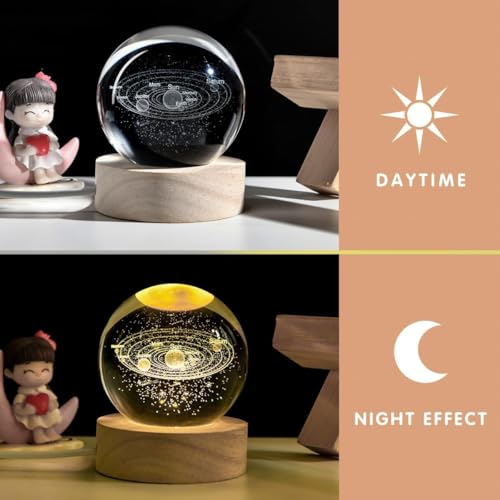 Image of X14STORE 3D Solar System Crystal Ball Night Light, LED Lamp with Wooden Base, Multicolored, Transparent Glass, Energy Efficient, Tabletop Decorative Lamp