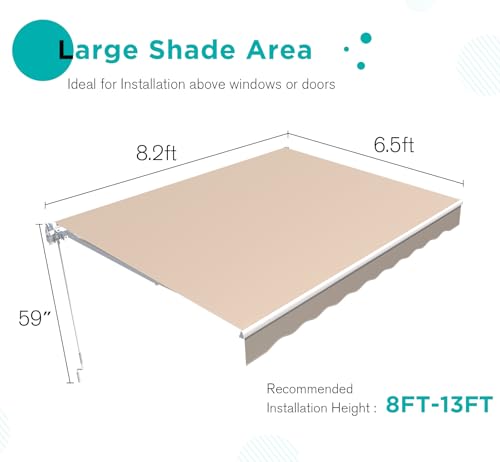 AECOJOY 8.2'×6.5' Manual Retractable Awning Sun Shade Patio Awning Cover Outdoor Patio Canopy Sunsetter Deck Awnings with Manual Crank Handle, Beige