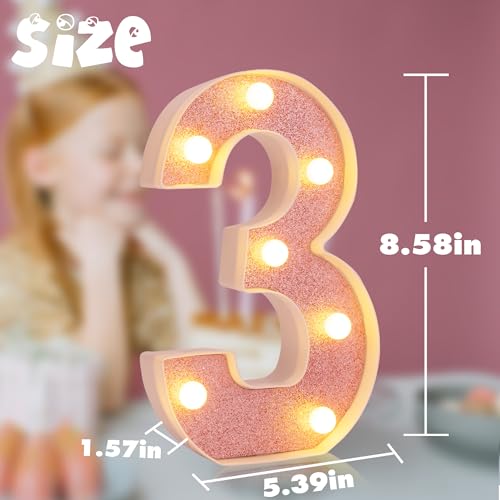 Image of LED Marquee Numbers, Small Light Up Numbers for Party, 8.58 Inch Battery Powered Lighted Number for Birthday, Night Light, Table or Home Decor (Pink Glitter, Number 3)