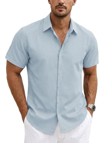 Ficovis Camisa De Lino para Hombre Camisa De Hilo para Hombre Button Down Shirts for Men Untucked Short Sleeve Button Up Summer Casual Nice Shirt Wrinkle Resistant Size XL