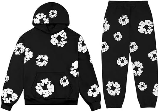 Sudiup Y2K Hip Hop Men's Hoodie Set Foam Printed Casual Retro Harajuku Set (Black,Small)