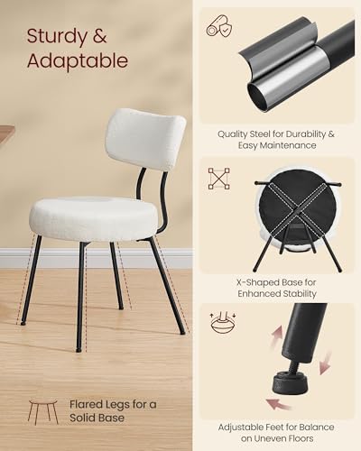 Image of VASAGLE Boucle Dining Chairs Set of 2, Upholstered Kitchen Dining Room Chairs with Curved Backrest and Steel Frame, Modern Mid Century, Round, for Vanity, Living Room, Cream White UKDC110W01