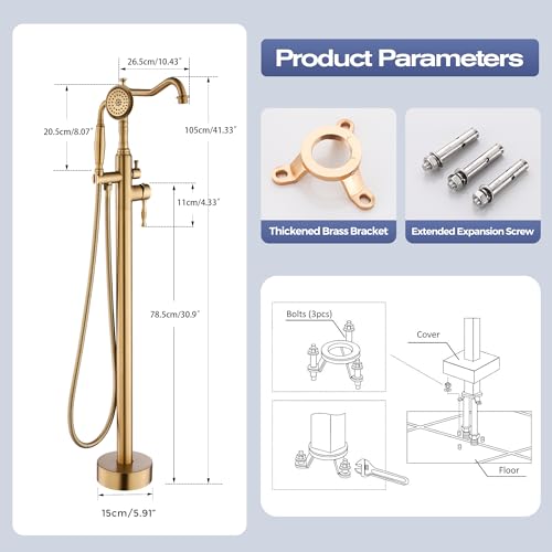 Grifo de bañera independiente, grifo de piso para bañera de baño, grifos de ducha para bañera independientes con rociador manual, acabado brushed gold miniatura 5