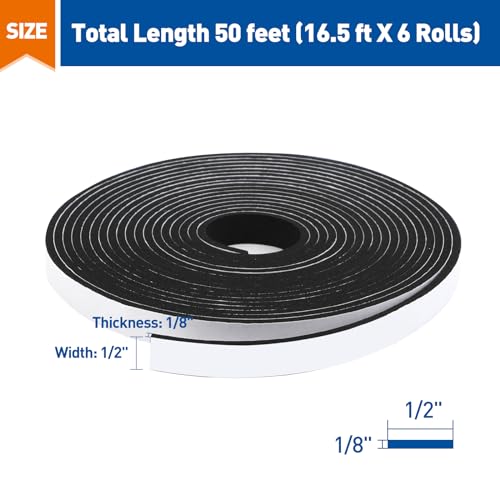 Image of MAGZO Weather Stripping Door Seal, 1 /2 in W X 1 /8 in T X 99 Ft Total Adhesive Foam Insulation Tape for Windows 16.5 ft X 6 Rolls, Black