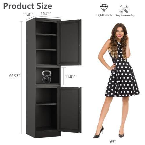 Image of Tall Narrow Pantry Cabinet for Kitchen, 67 inch H Metal Storage Cabinets with Doors and 3 Adjustable Shelves for Dining Room, Living Room and Home Office (16 inches Wide Black)