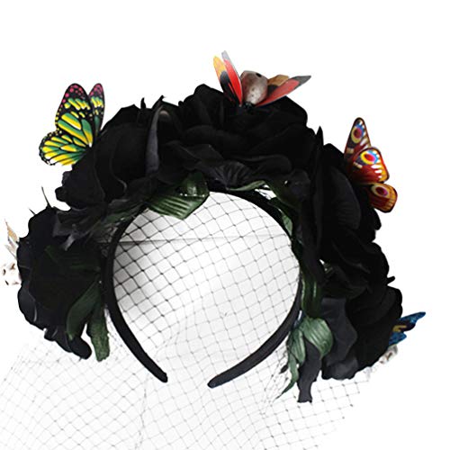 Lurrose Halloween Lace Veil Flower Crown Horror Skull Day of the Dead Headband Gothic Skeleton Hairbands for Women Girls
