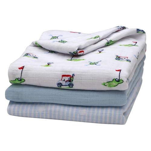 Image of 3 Pack Cotton Muslin Swaddle Blankets for Baby, 40 inch x 36 inch, Lightweight, Breathable, Blue, (Golf Print, Stripe, Solid)