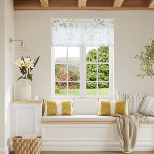Image of Beauoop Linen Floral Valance Curtains for Kitchen Yellow Grey 52x18 1 Panel
