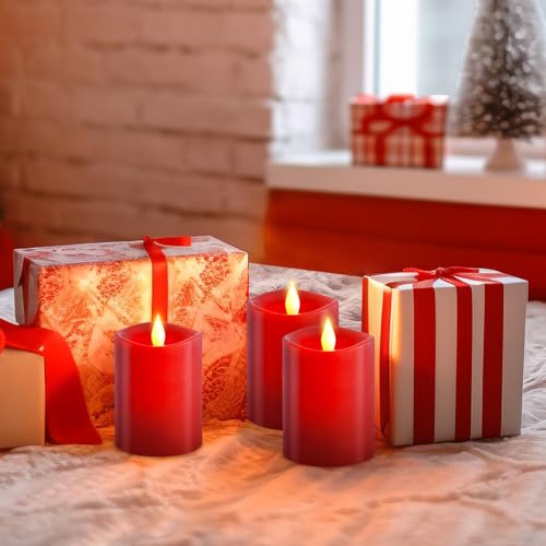 Image of 3x4 Flickering Flameless Candles Set of 3,Real Wax Pillar led Candles Flickering,4 inch Flameless Candles with Remote,for Party Wedding Holiday Home Decor,Red