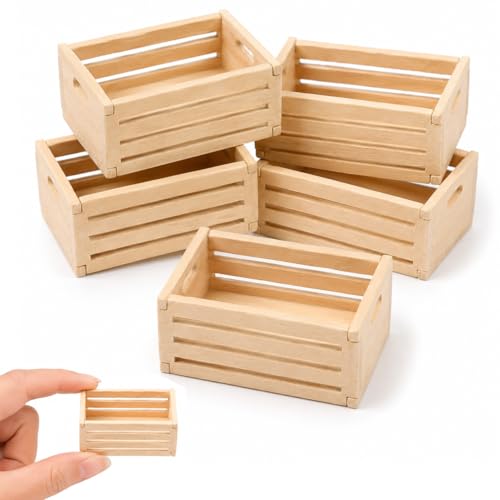 Operitacx 5 piezas Mini cesta de almacenamiento de madera hecha a mano en miniatura cajas de pino para casa de muñecas, almacenamiento versátil para bebidas, alimentos, tienda de compra realista