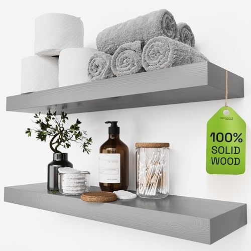 Solid Wood Floating Shelves for Wall 24 inch Grey Wooden Bathroom Shelf