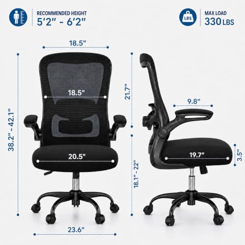 Image of Ergonomic Office Chair for Long Hours, Adjustable Padded Lumbar Support for Lower Back Relief, 330 lb Capacity, Comfortable Computer Desk Chair for Home Office, Work & Study
