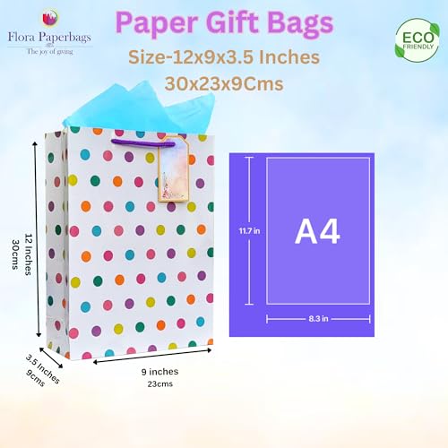 Image of Birthday Paper Gift Bags for Return Gifts - Medium Size 9x12x3.5 inch - Pack of 10 with Tags & Tissue Paper - Gift Bags for Kids Birthday Party, Baby Shower, Theme Party - 3 Cute Designs by Flora Paperbags