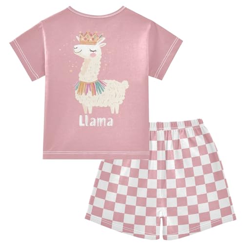 Checkerboard Plaid Llama Colorful Rose Pajama Set Short Sleeve Pajamas Shorts Sets Cotton PJS 2 Piece Clothes Set 5Y2