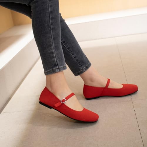 Image of Soesyi Knit Flats for Women Square Toe Flats Casual Ballet Flats with Ankle Strap,Mary Jane Shoes Women Comfortable for Dressy Office