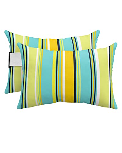 Lumbar Pillow Covers Set of 4, Blue Yellow Stripes Waterproof Outdoor Chaise Lounge Pillow Covers with Elastic Strap, Modern Art Color Striped Headrest Pillowcase for Patio Recliner, 12 x 20