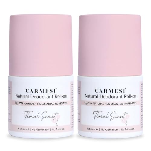 Image of Carmesi Natural Deodorant Roll-on for Women | 95% Natural Ingredients | No Aluminium | No Triclosan | Floral Sunset | 50 ml (Pack of 2)