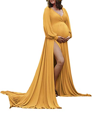 Maternity Gown Bishop Sleeves Baby Shower Dress Wrap Side Slit Sweetheart  Maxi Photo Shoot for PhotographyYellow M  at Amazon Women's Clothing store