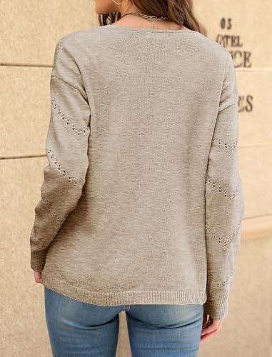 Poetsky Womens Sweaters Casual Long Sleeve Shirts Crochet V Neck Pullover Tops Knit Off Shoulder Sweater Top3