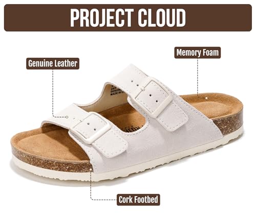 Image of Project Cloud 100% Genuine Leather Flat Sandals For Women 2026 Cork Footbed Womens Sandals with Memory Foam and arch support Vacation Essentials Slides for Women Footwear (Venita)