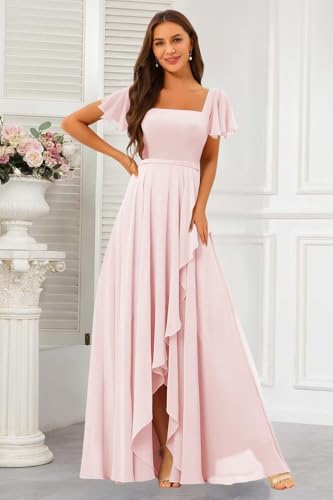 Square Neck Bridesmaid Dresses with Slit 2025 Chiffon Short Sleeves A Line Long Formal Gowns XOD04763