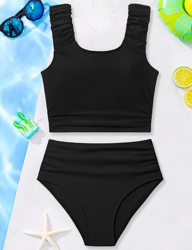 Girls Tankini Swimsuit 2 Piece Bathing Suit Twist Cross Back Cutout Swim Tank Top Floral Print Swimwear for 9-16Y4