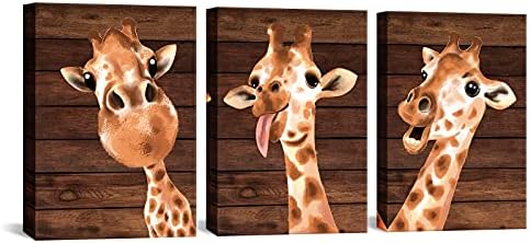 Apicoture Cute Lovely Giraffe Wall Decor - Funny Animals Giraffe Canvas Wall Art For Kids Children Nursery Wall Décor Framed16x12x3panels