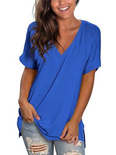 Image of Sampeel Women's V Neck T Shirts Casual Rolled Short Sleeve Side Split Summer Tops Loose Fit