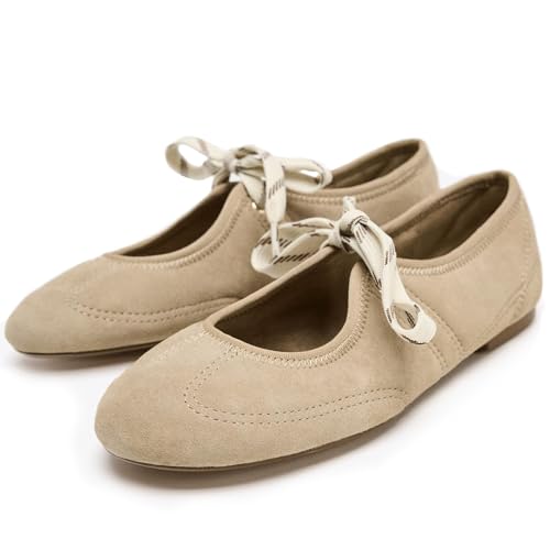 Suede Lace up Ballet Flats for Women-Round Toe Velvet Mary Jane Flats Strappy Cute Ballerina Shoes