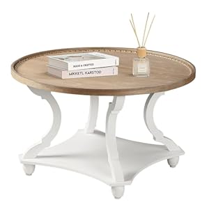Wnutrees Farmhouse Round Coffee Table, Wood Tray Top Circle Coffee Table with Storage Shelf Rustic Style for Living Room and Vintage Finish, White