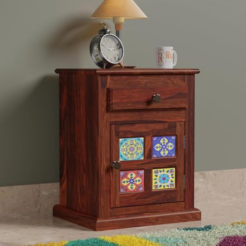 Image of Sheesham Wood Multipurpose Nightstand Small Side Table for Small Spaces End Table Bedside Tables with 2 Drawer & Shelf Storage for Living Room Bedroom (Design 3)