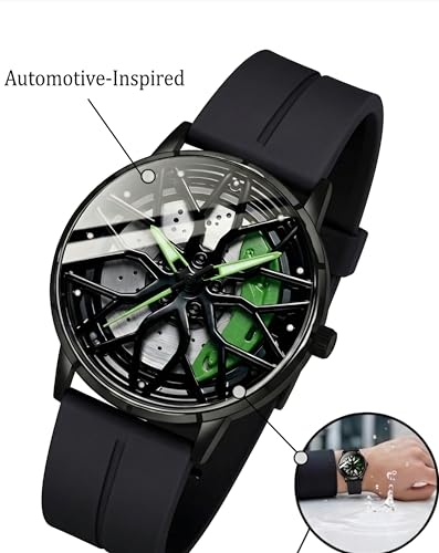 Image of Oculus Men's 3D Car Wheel Rotating Watch, Luxury Sport Quartz with Hollow Hub Dial, Magnetic Silicone Strap, Automotive-Inspired Design, Black Magnetic Straps