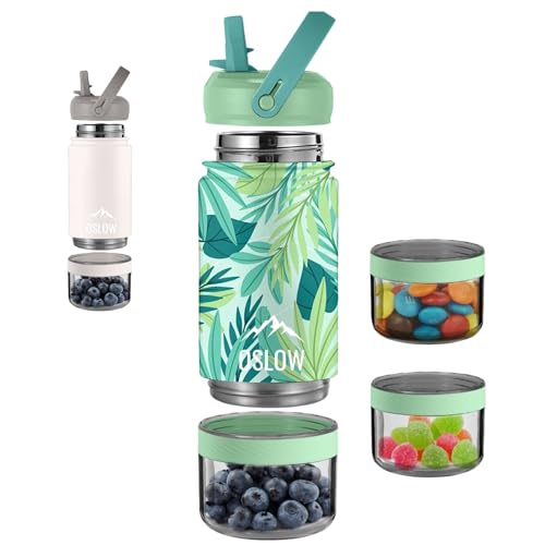 Gourde Isotherme avec Compartiment (300+115mL) – Bouteille d’Eau en Acier Inoxydable avec Paille & Anse – Idéal Pour le Sport – Boissons Chaudes & Froides – Sans BPA – gourde enfant - Thermos - Tropic