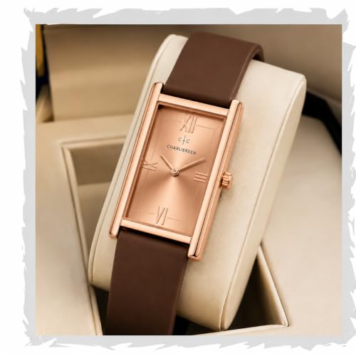 Image of CHARLIEKEEN Rectangular Wristwatch, Black Dial with Rose Gold Roman Numerals, Silicone Strap, Elegant Style