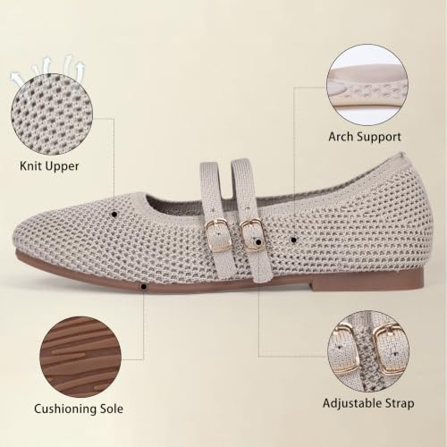 Image of Frank Mully Women's Flats Square Toe Mary Jane Shoes Ballet Flats with Strap Comfortable Slip On Knit Shoes Dressy Casual
