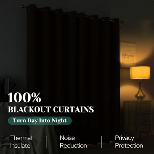 Image of HOMEIDEAS 100% Blackout Brown Linen Curtains 52W x 84L 2 Panels | Faux Linen, Thermal Insulated, Blackout Grommet Window Drapes, for Bedroom, Living Room