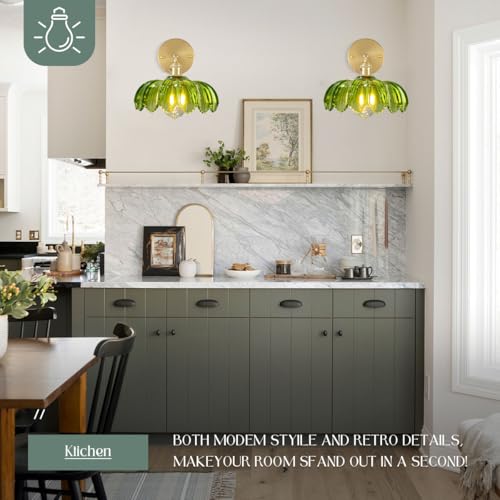 Image of Gold Vanity Light Green Glass Bathroom Wall Sconce Brushed Brass Vanity Lamp Bathroom Light Fixtures with Flower Glass Shad Mid Century Vintage Wall Sconces for Over Mirror Bedroom