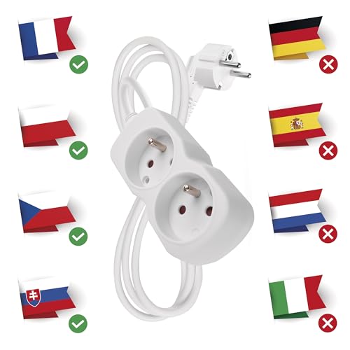 EMOS - 2-Fach Steckdosenleiste 2m - 2 French-Steckdosen 45° gedreht, French-Standard