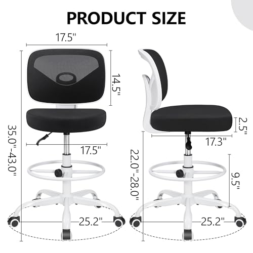 Image of Primy Armless Mid-Back Ergonomic Standing Desk Chair - Mesh Rolling Tall Chair, Adjustable Height and Footring, Art Room, Office or Home (White)