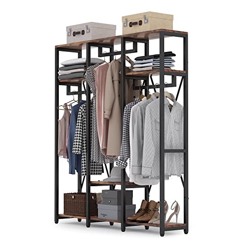 Tribesigns Freestanding Closet Organizer, Industrial 3 Rod Garment Rack With 4-Tier Sttorage Shelf, Rustic Wardrobe Rack Clothes Rack With Shoe Shelves For Hanging Clothes And Storage (Brown) #TOP5
