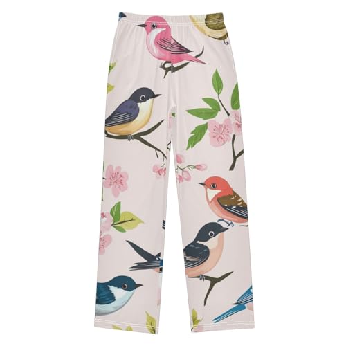 Colorful Birds Spring Flowers Boys Long Pants Soft Trousers Elastic Waist Kids Lounge Bottoms with Pockets S-XL
