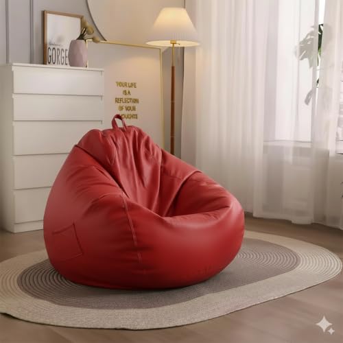 Image of 4XL Leatherette Bean Bag Chair with Footrest & Cushion with Beans Filled (Ready to Use) Color- (Red, Bean Bag Only)