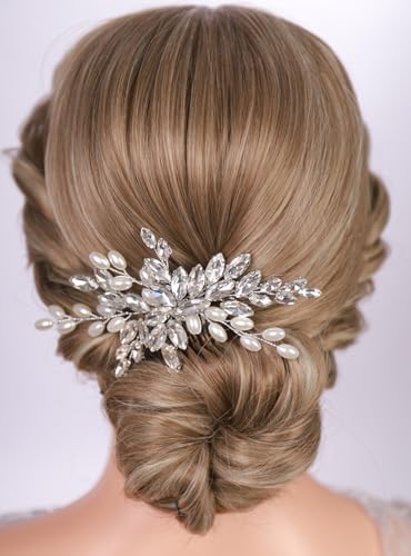 Rumtock Red Rhinestones Beads Pearl Silver Hair Comb for Wedding Brides Bridesmaid Women Special Occasion Hair Jewelry (Silver)