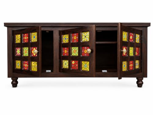 Image of Sheesham Wood TV Unit Cabinet with Handcrafted Ceramic Tile Doors | Dark Walnut Finish | 3 Door TV Console Entertainment Center | Storage Cabinet for Living Room (57 x 18 x 23 Inches)