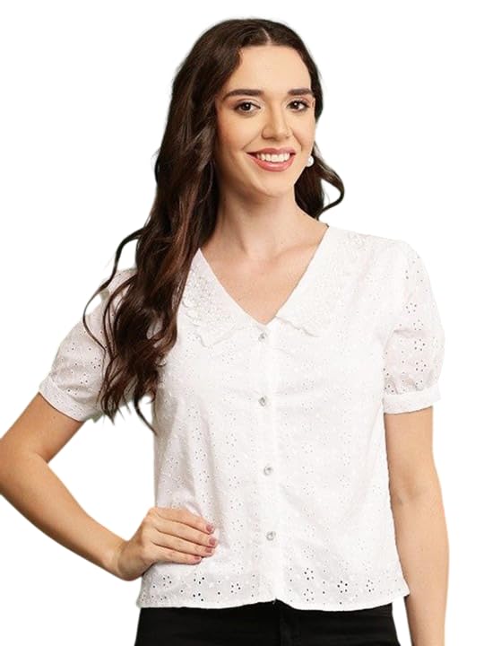 Schiffli Shirt Style Crop Top for Women | White Embroidered Pure Cotton Summer Casual Top | Short Sleeve Button Down Stylish Crop Shirt for Girls & Women-image-16