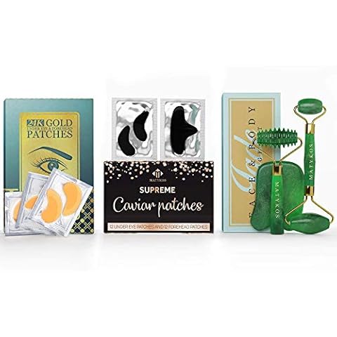 Matykos Complete Skincare Routine - Under Eye and Forehead 24K Gold Patches, 3 in 1 Jade Kit and Under Eye and Forehead Caviar Patches Cover