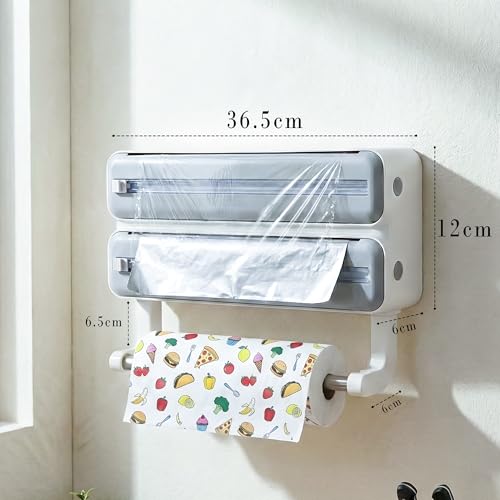 Image of Foil Paper Cutter and Holder Aluminium Foil and Plastic Wrap Organizer with Paper Towel Holder Compatible with Cling Film Tin Foil and Wax Paper Plastic Wrap Dispenser Cutter (Grey, Dual Layer)