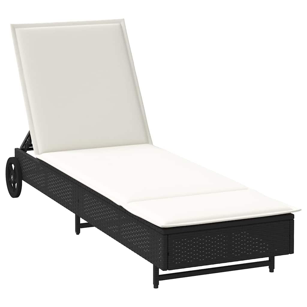 Lettino prendisole con ruote e cuscino nero, in polyrattan, schienale regolabile, con schienale regolabile in 3 posizioni, con cuscino e cuscino imbottito spesso