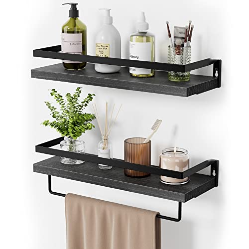 Pipishell Lot de 2 étagères flottantes à Suspendre au Mur, étagère de Rangement décorative avec Barre Porte-Serviettes pour Salle de Bain, Cuisine, Salon, Noir Cover