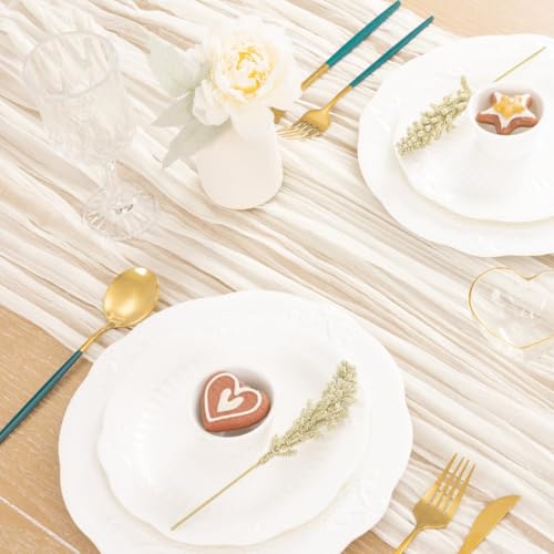 Image of MLMC 12 Pack Ivory White Cheesecloth Table Runner Rustic Gauze White Cheese Cloth Table Runner 10ft Boho Cheese Cloth Centerpiece 35x120 Inches for Dessert Anniversary Wedding Bridal Shower Decor
